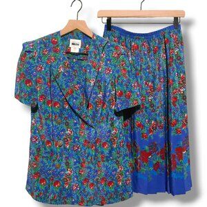Leslie Fay Petite short-sleeve blouse and pleated skirt set blue red floral 8